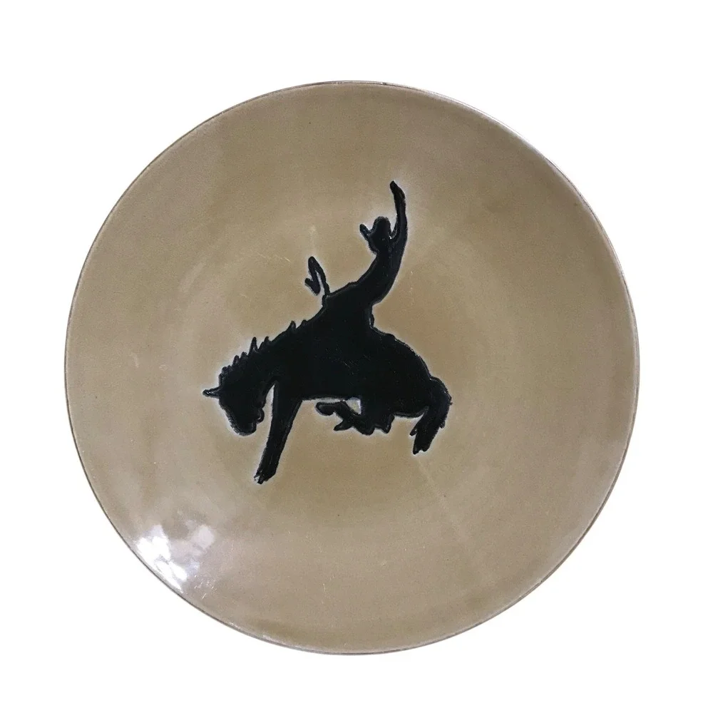 Cowboy Living Bucking Bronco Western Stoneware Salad Plate Tan Black 8.5 Inch